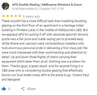 UPVC Double Glazing Melbourne CBD | APS Double Glazing Client Review | Another Satisfied Melbourne CBD APS Customer | Phone 1300 294 101