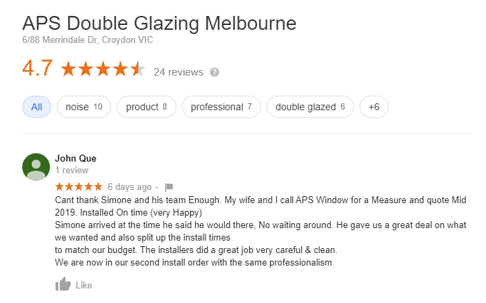 APS Double Glazing Client Google Review - John Que